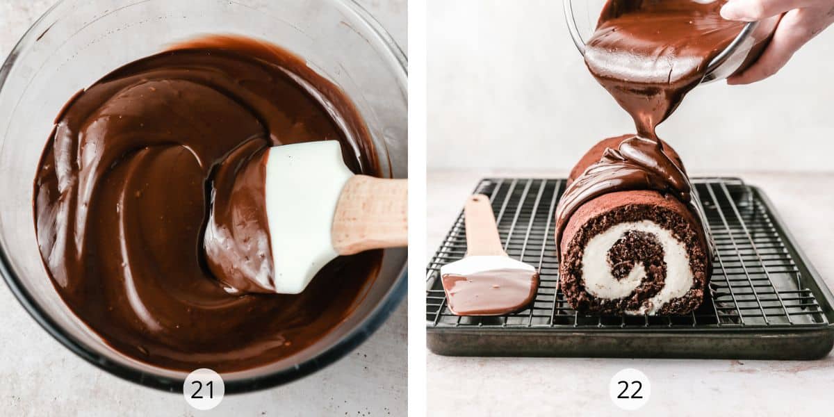 Chocolate ganache poured onto chocolate cake on wire rack.