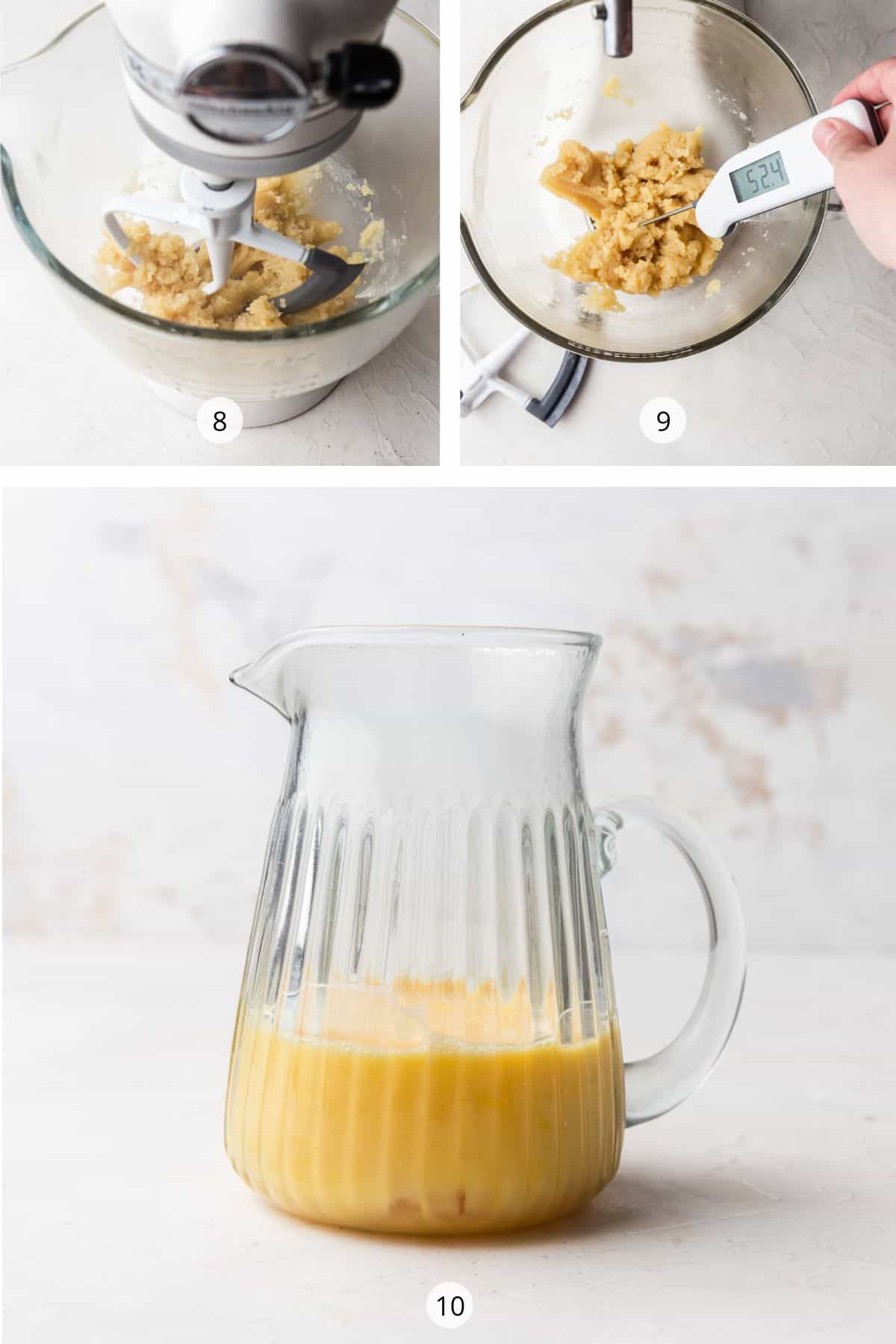 Adding eggs to choux pastry.