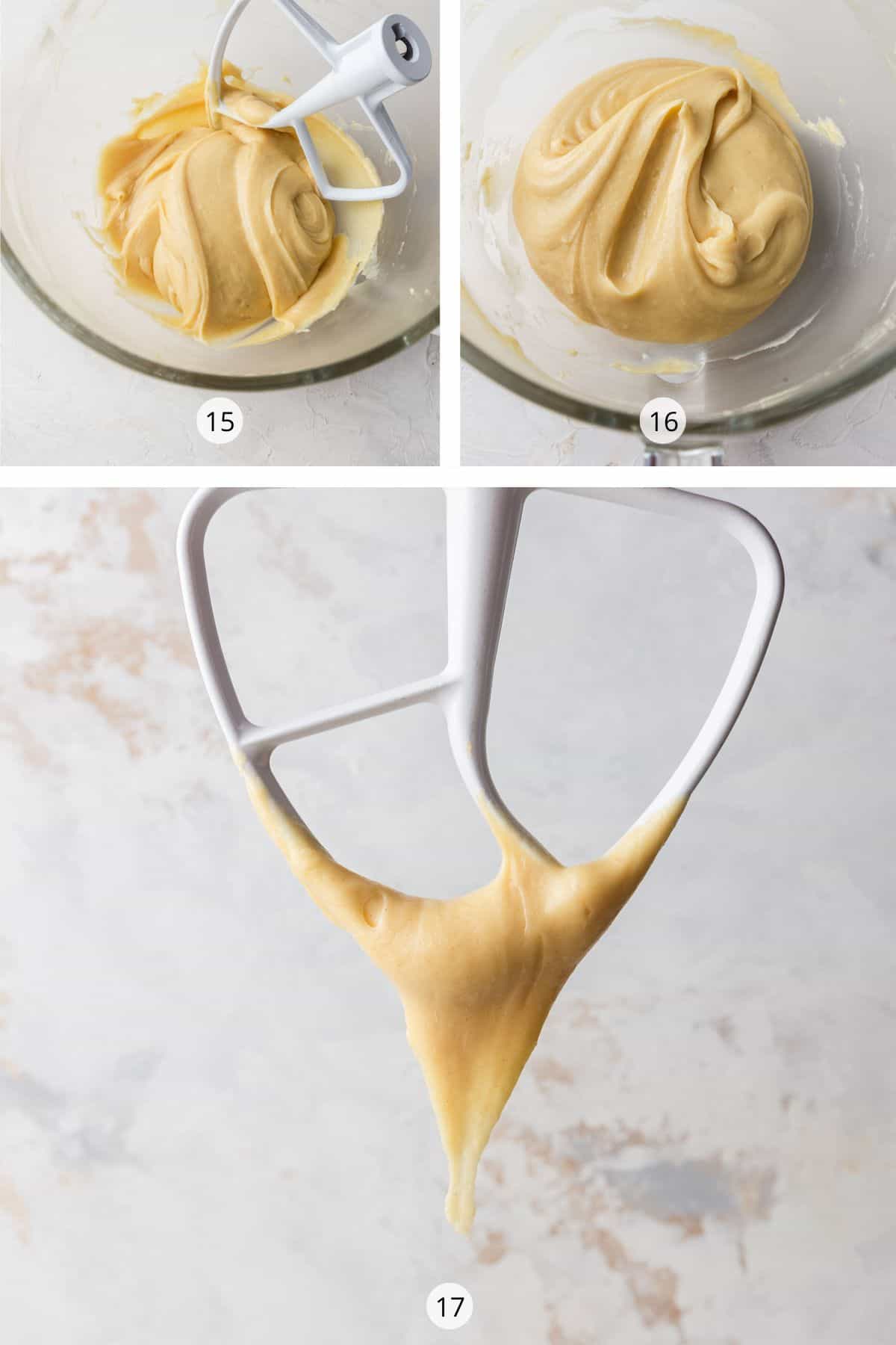 Consistency of silky smooth choux pastry in a mixing bowl.