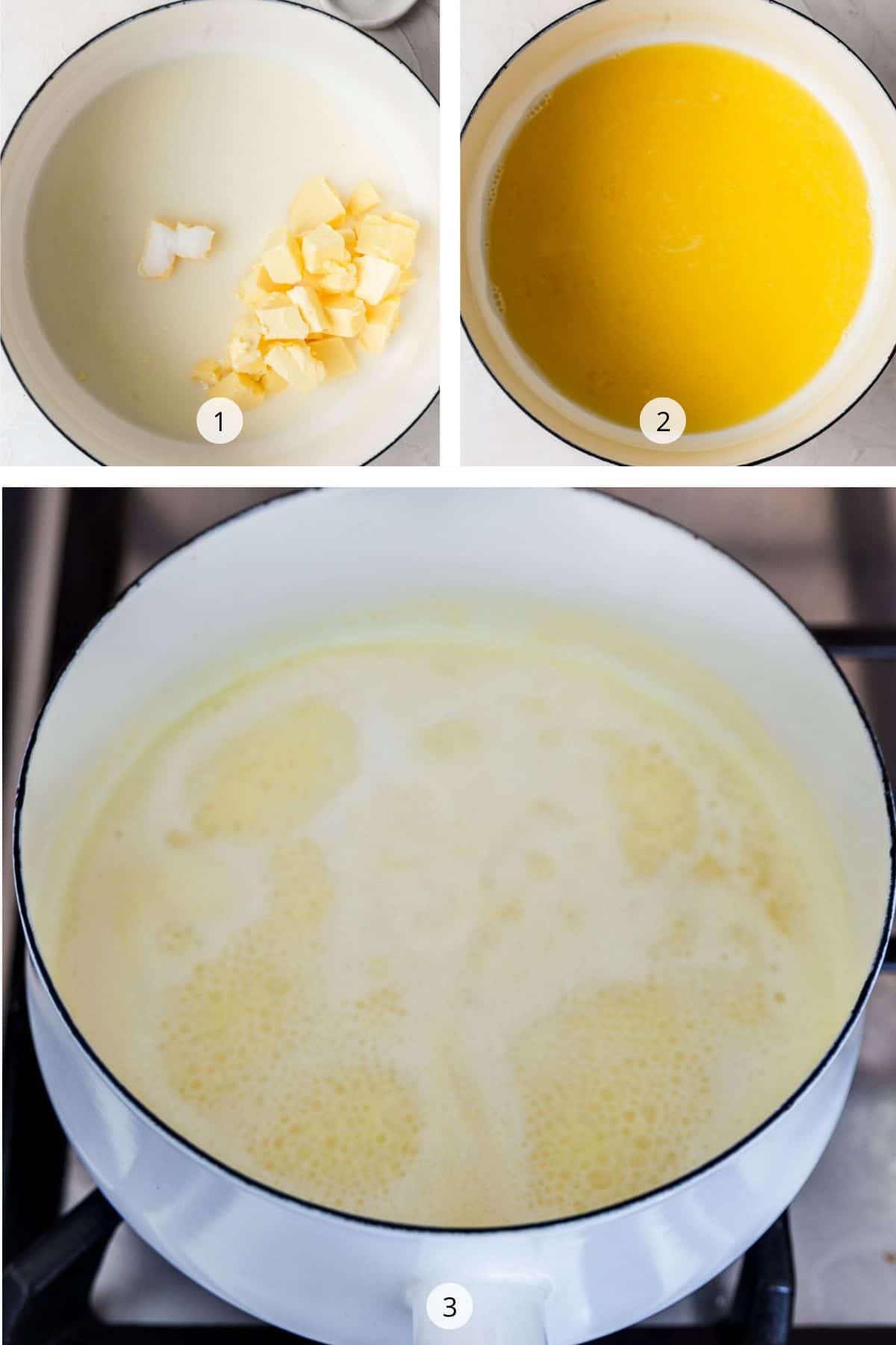 Melted butter and milk in white saucepan.