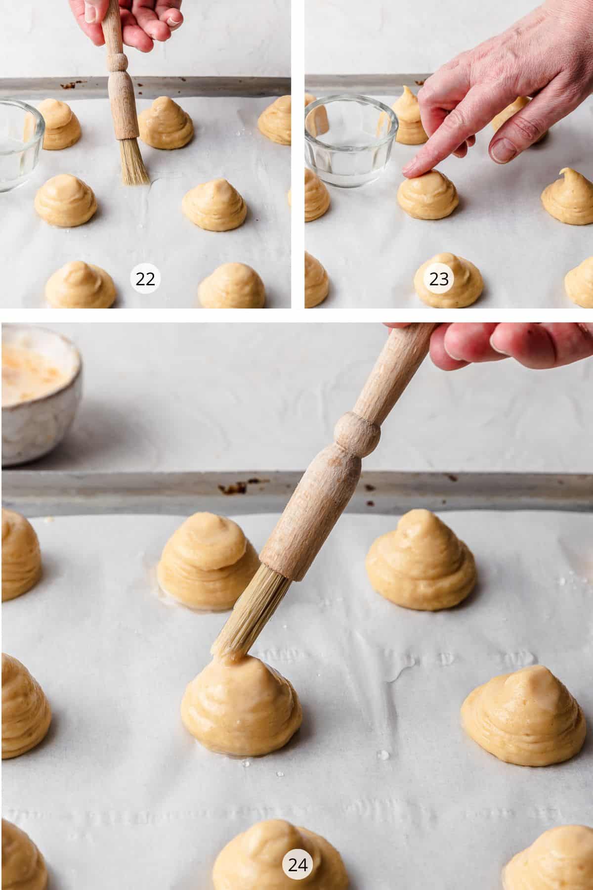 Pastry piped onto parchment paper.