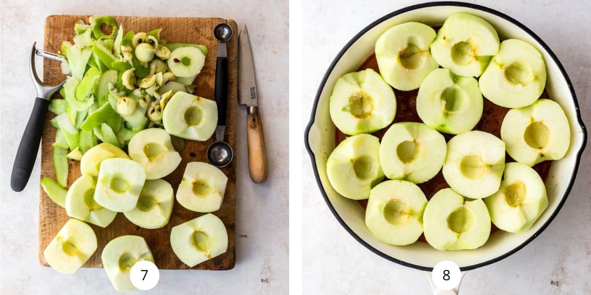 Apples peeled, halved and cored on a wodden chopping board and placed in skillet.