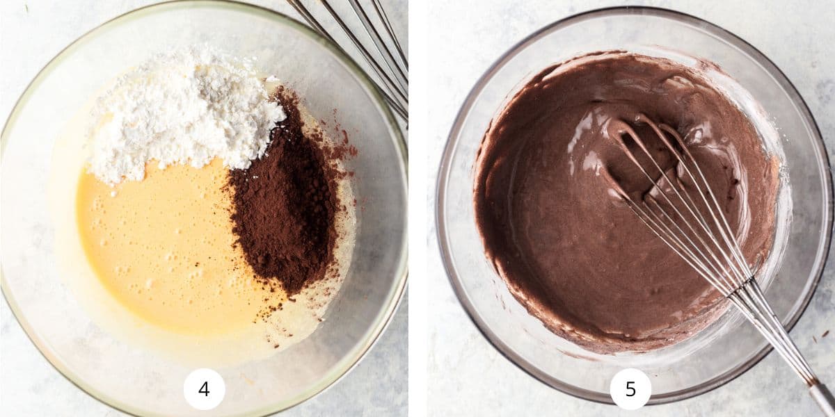 Cocoa powder and cornflour in a bowl with whipped eggs.