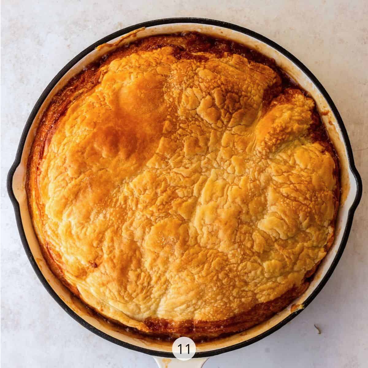 Golden puff pastry in a skillet.