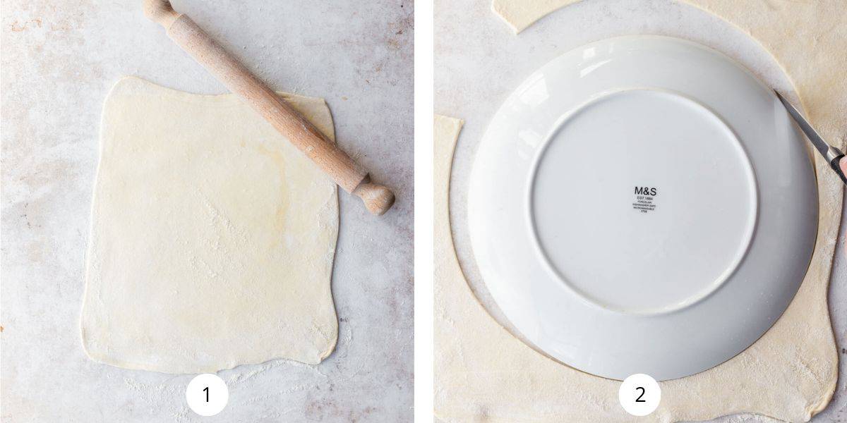 Puff pastry rolled on a counter top with rolling pin.