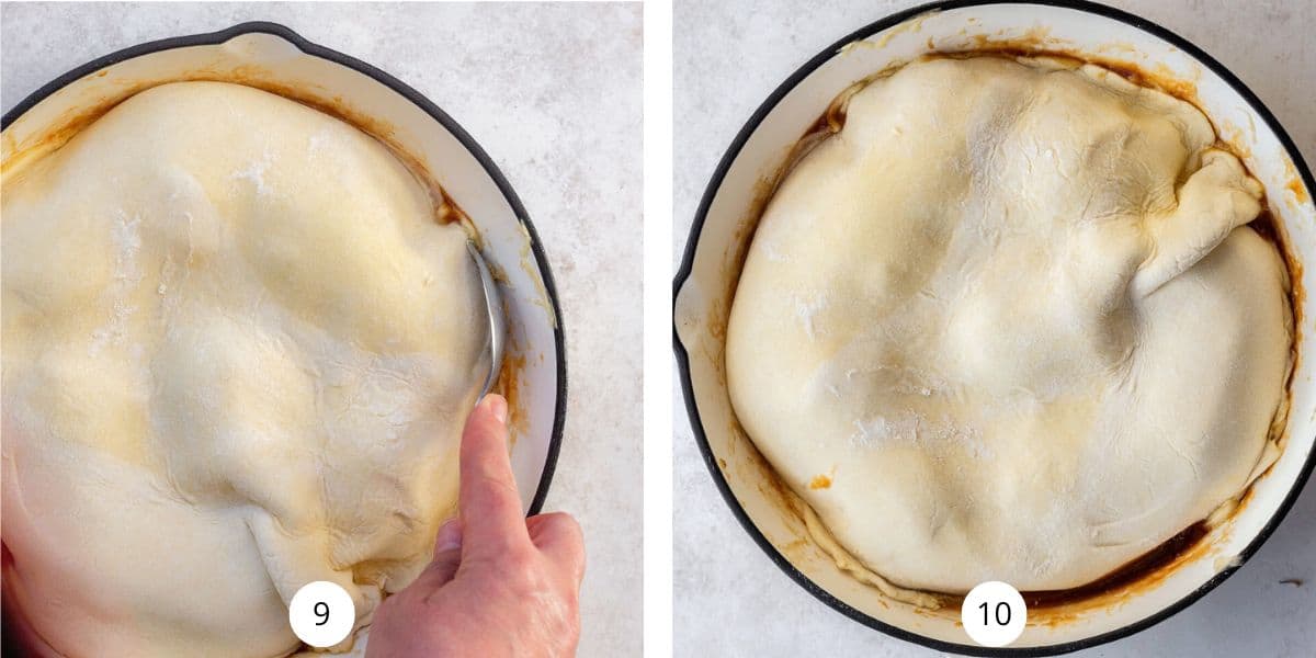 Pastry placed over apples in a skillet.