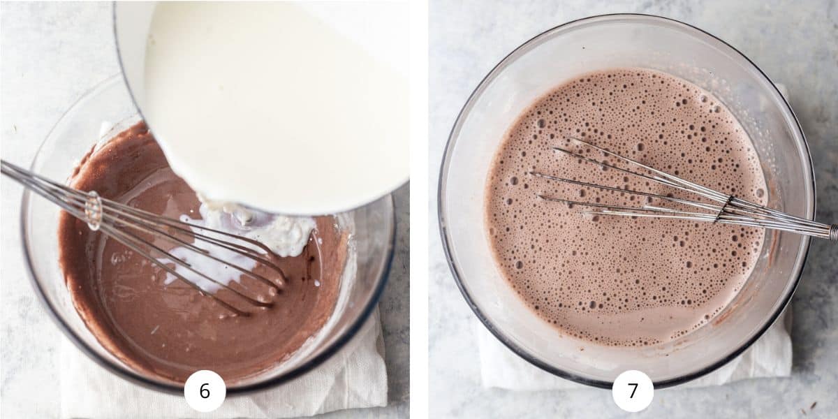 Chocolate Pastry Cream with milk being pured into it.