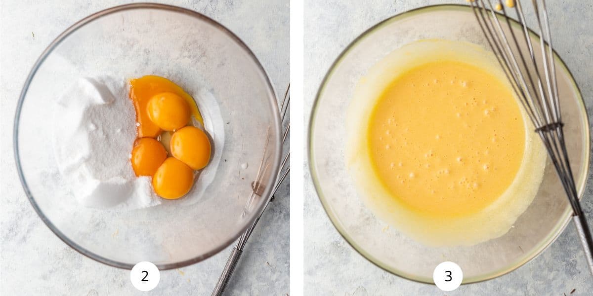 Eggs and sugar whipped with a whisk in a glass bowl.